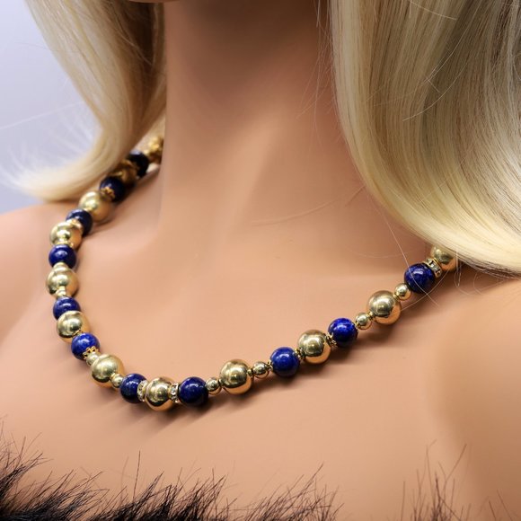 Necklace Lapis Stones Gold Beads. Rhinestone Accents. Lobster Clasp. - Picture 3 of 3